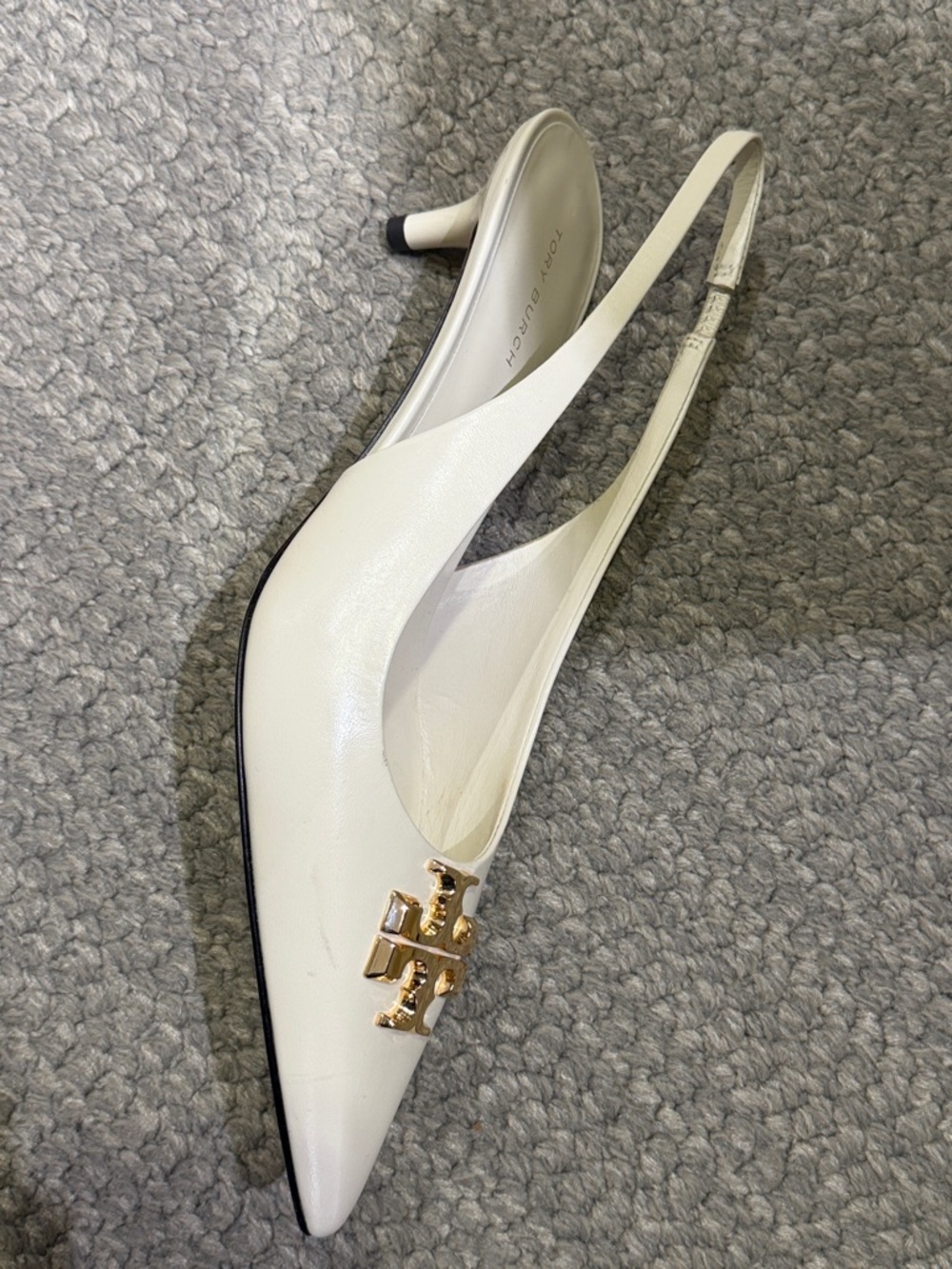 Tory Burch Cream Pointed Slingback Mule with Gold Logo - Picture 3 of 5